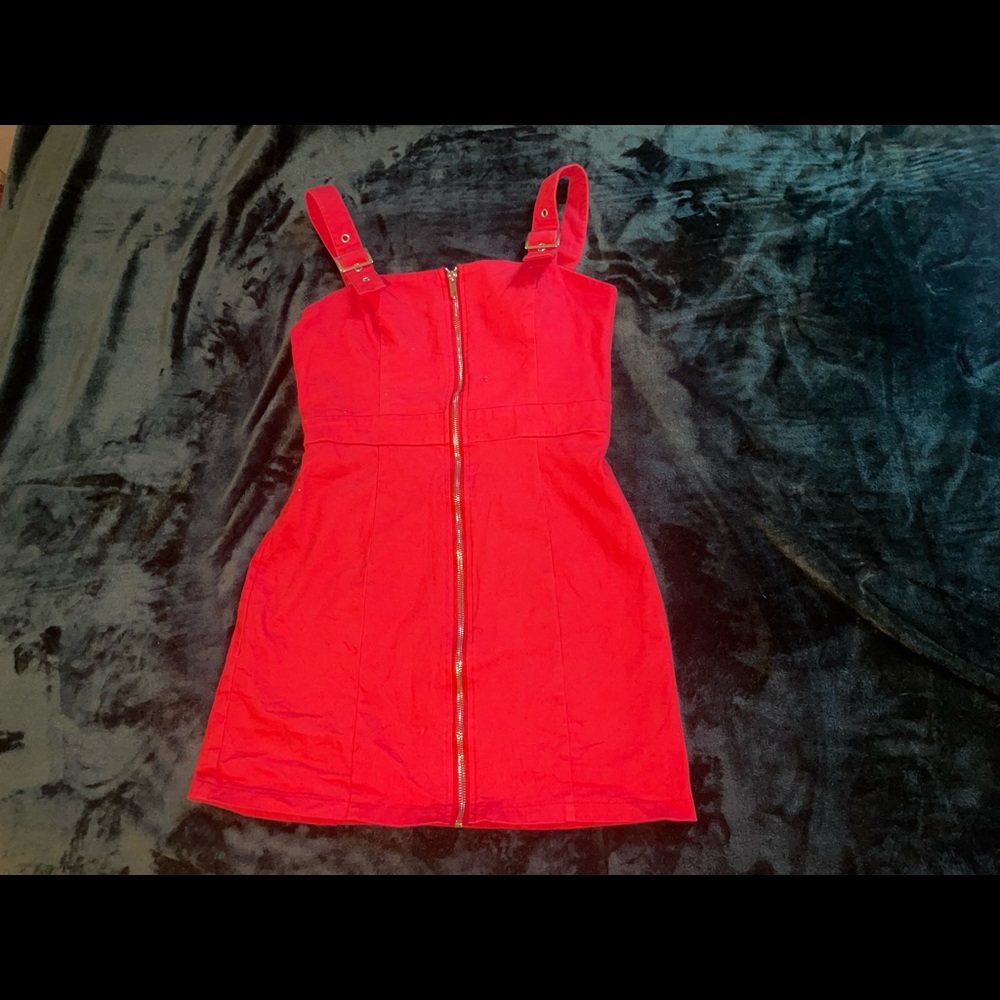 Forever 21 Red Zip Up Mini Dress w/ Silver Buckle Detail.